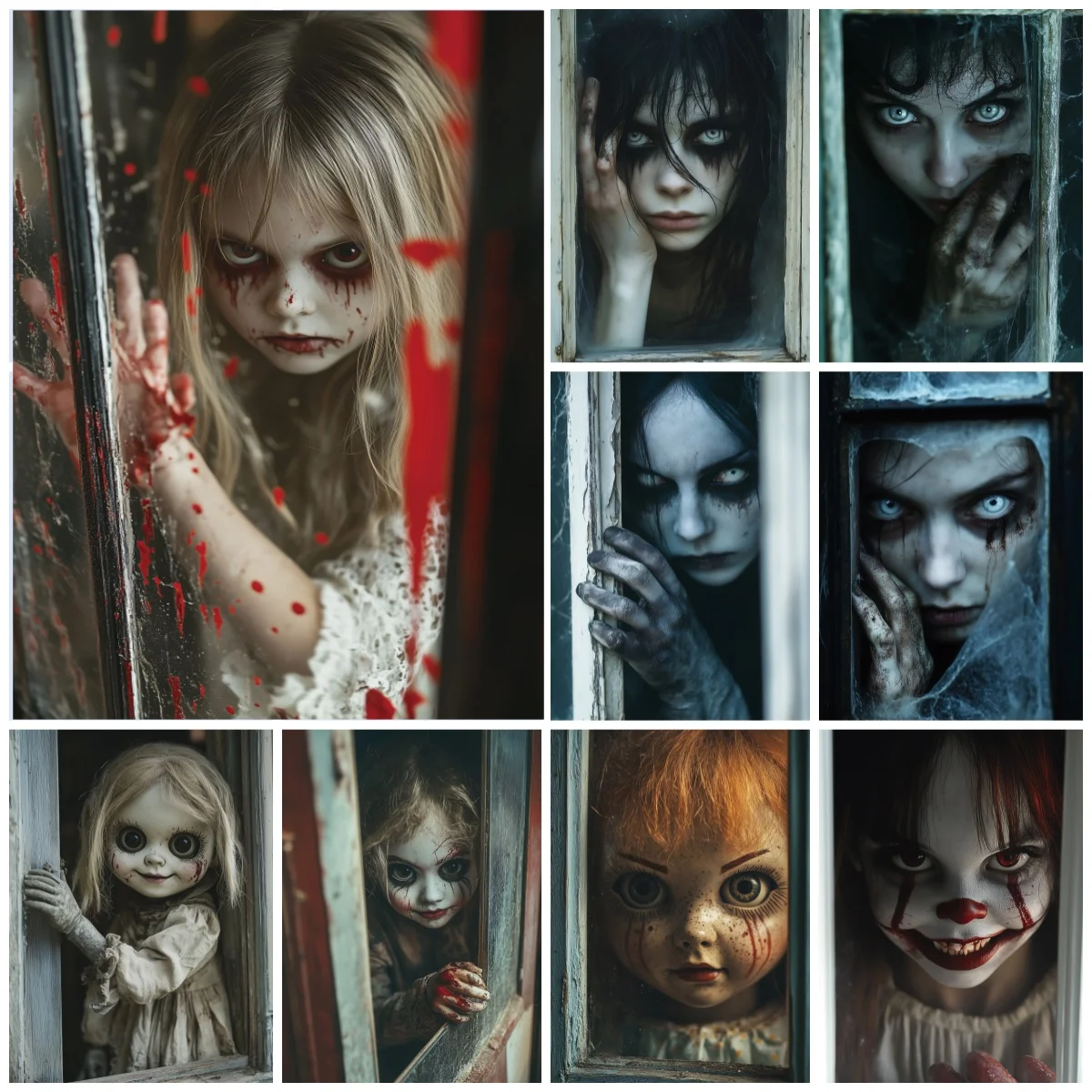 Halloween Horror Doll Backdrop Window Bloody Handprint Customizable Spooky Festivial Family Decorations Photography Backgrounds