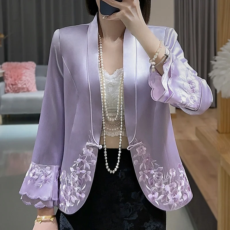 

High-end Satin Acetate Women Jacket Top Embroidery Suit Elegant Plus Size Lady Slim Coat Female S-XXXL