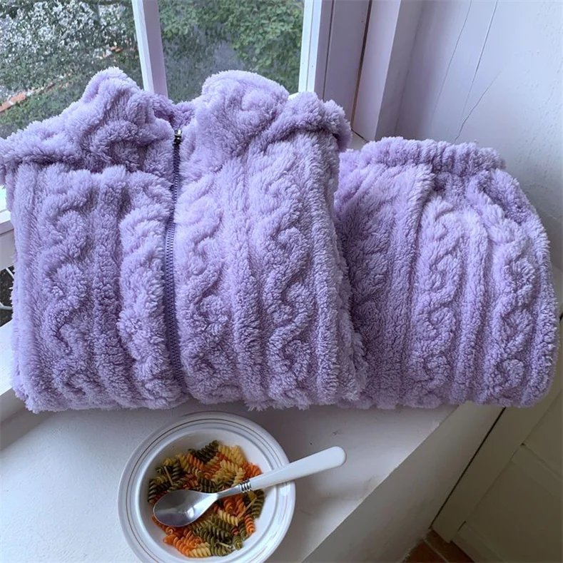 Autumn Winter Sweet Coral Fleece Pajamas Women Fleece-lined Thickened 2023 New Zip-up Flannel Warm Home Wear Set