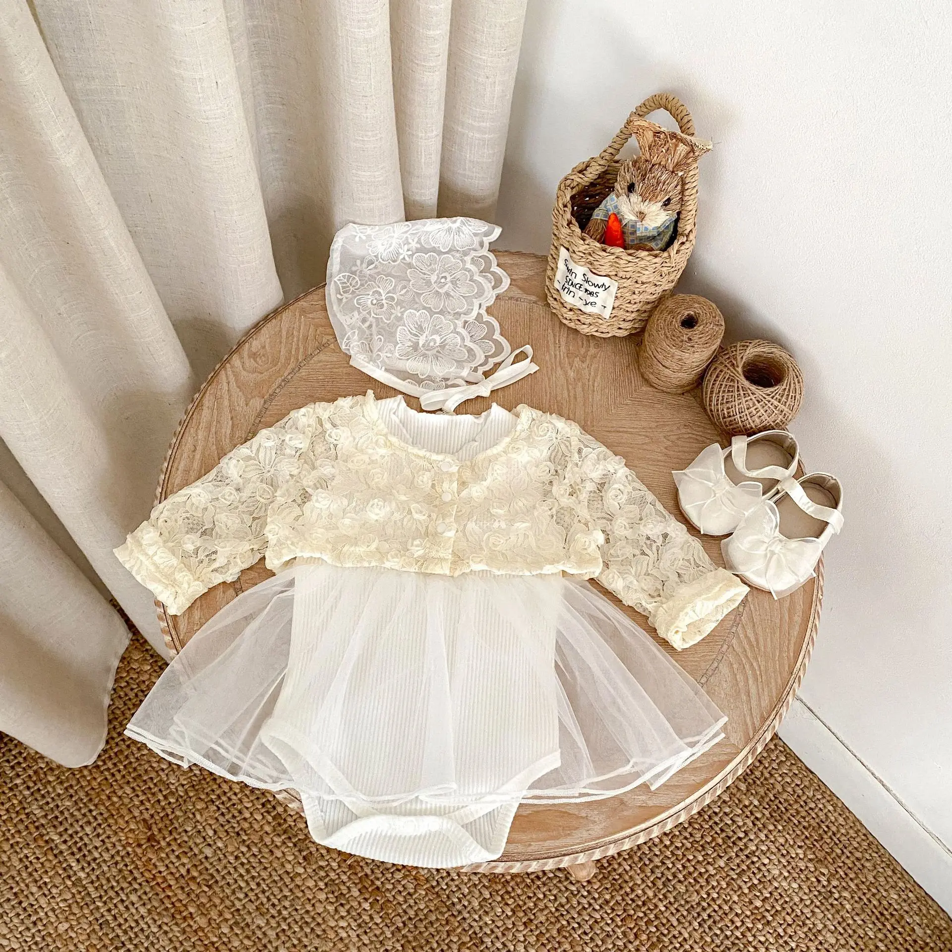 0-24M Newborn Kid Baby Girl Princess Clothes Set Lace Flower Embroidery Thin Coat Bodysuit Romper Set Cute Sweet Outfit