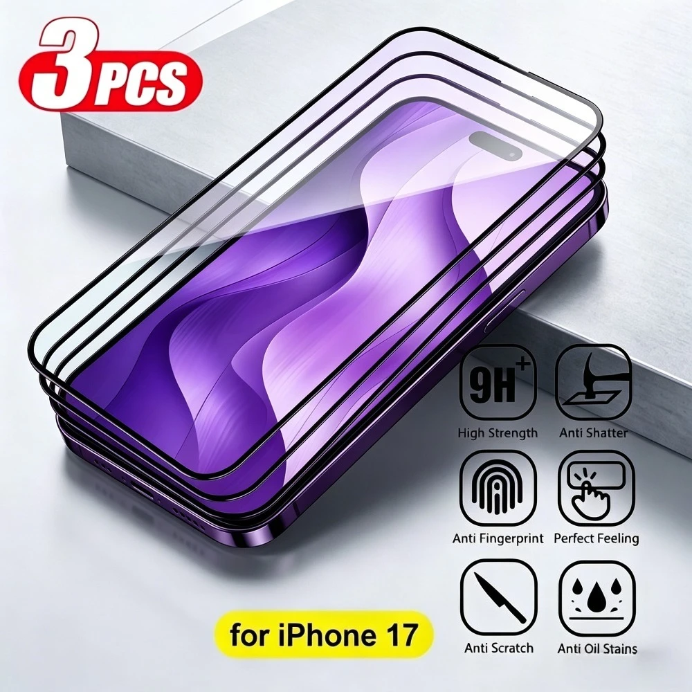

Комплект из 3 защитных стекол с полным покрытием для iPhone 17, 16, 15, 14, 13 Pro Max, Air 17e, 16e, 15 Plus, 12, 11 Pro, Mini, закаленное стекло 9H