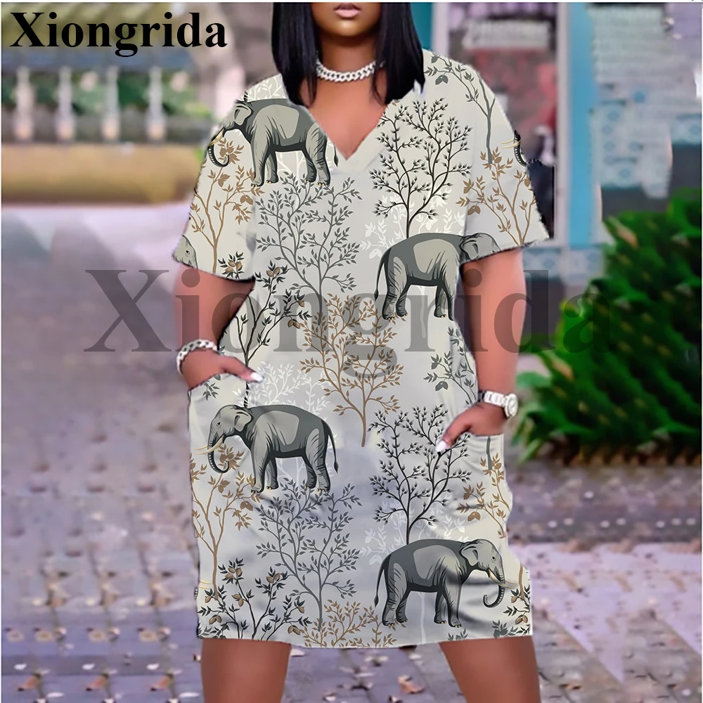 Robe graphique d'éléphant avec poche pour femmes, mode Animal imprimé en 3D, chemise à manches courtes, t-shirts longs décontractés, robe de plage ample, nouvelle collection