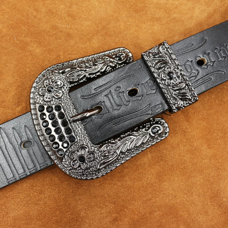 Western Gun Letter Pattern Leather Strap Rhinestone Pin Buckle Men Belt Fashion Jeans Cowboy Belt for women