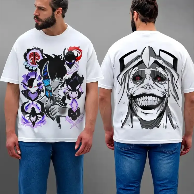 Bandai Solo Leveling 2D Anime Short Sleeve T Shirt, Double Sided Sung Jinwoo Shadow Legion Manga Print Tee for Comic Con Event