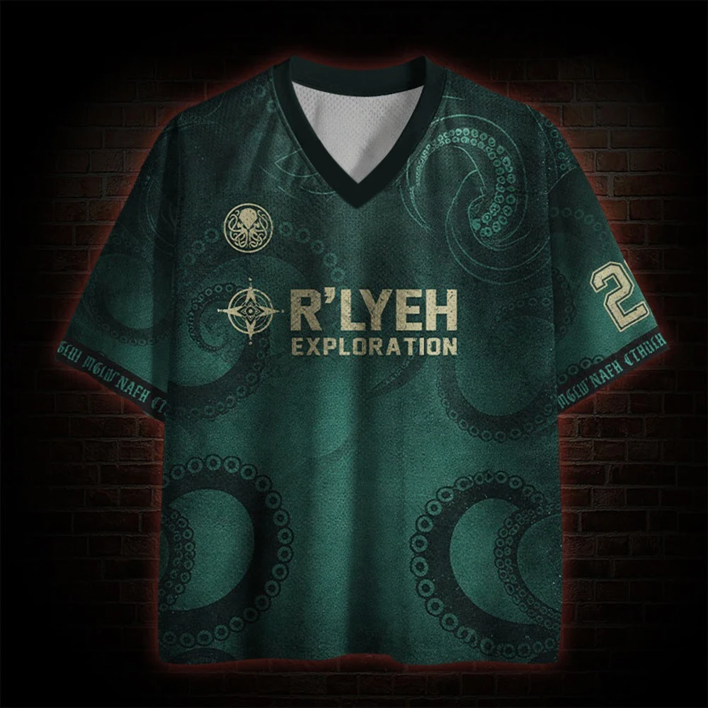 Cthulhu R'LYEH Exploration Octopus Tentacle Mesh V Neck Jersey, Short Sleeve Loose Breathable Mythos Streetwear Top