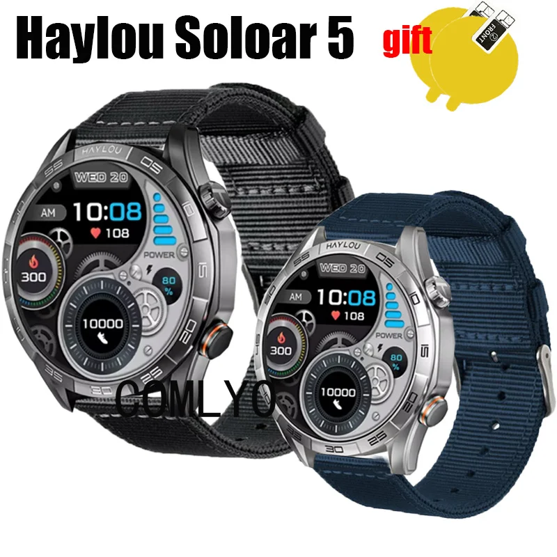 3in1 for HAYLOU Solar 5 Smart watch Strap Band Nylon Canva Belt Screen Protector film