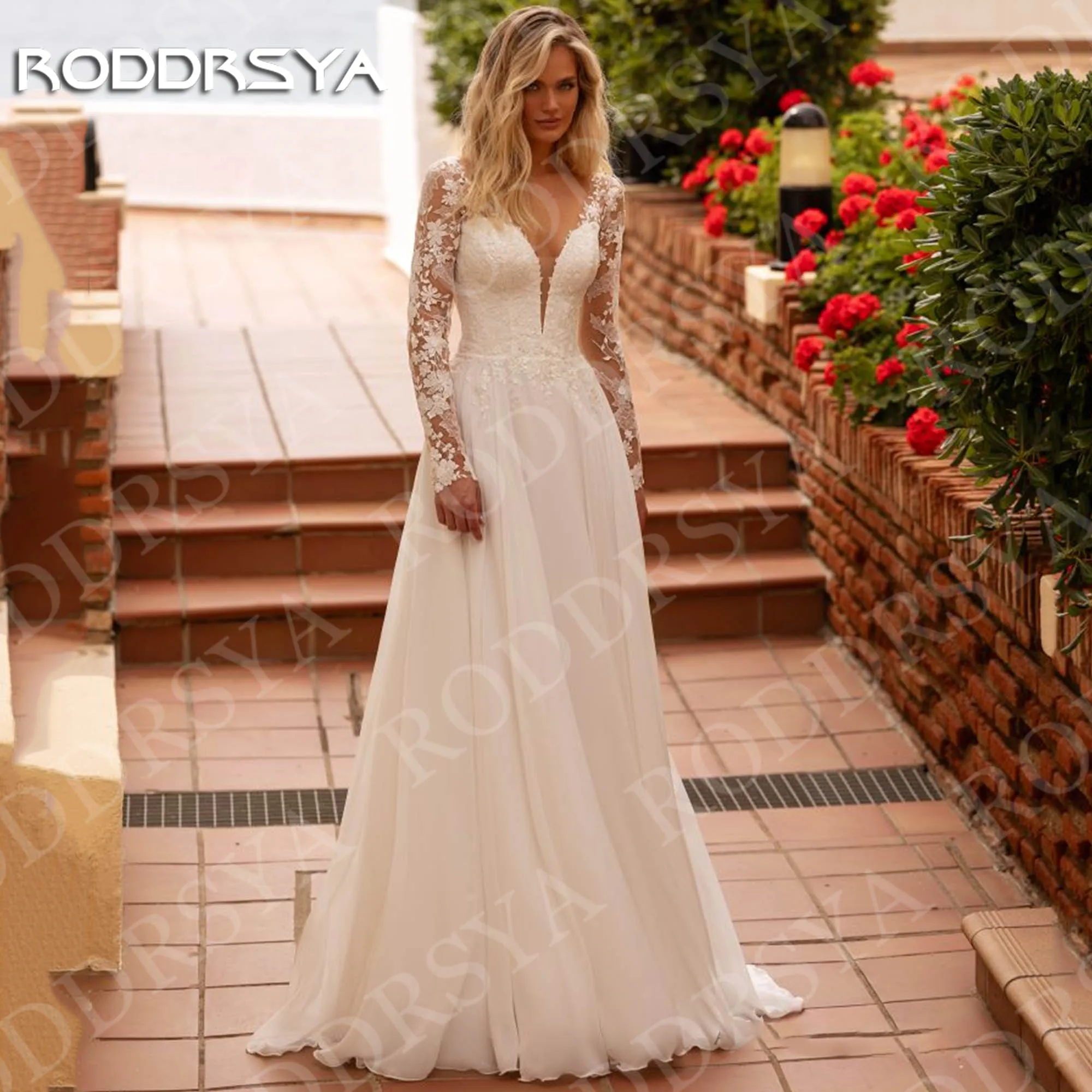 

RODDRSYA A Line Wedding Dress Chiffon Civil Women Beach V Neck Lace Long Sleeves Bridal Dresses Customized vestido de noiva 2026
