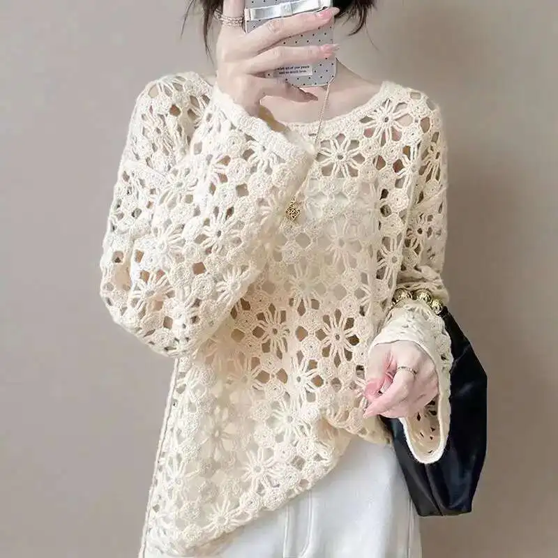 

Pullover O-neck Long Sleeve Women Loose Casual All-match White Top Hook Flower Hollow Out Chic Knitted Summer