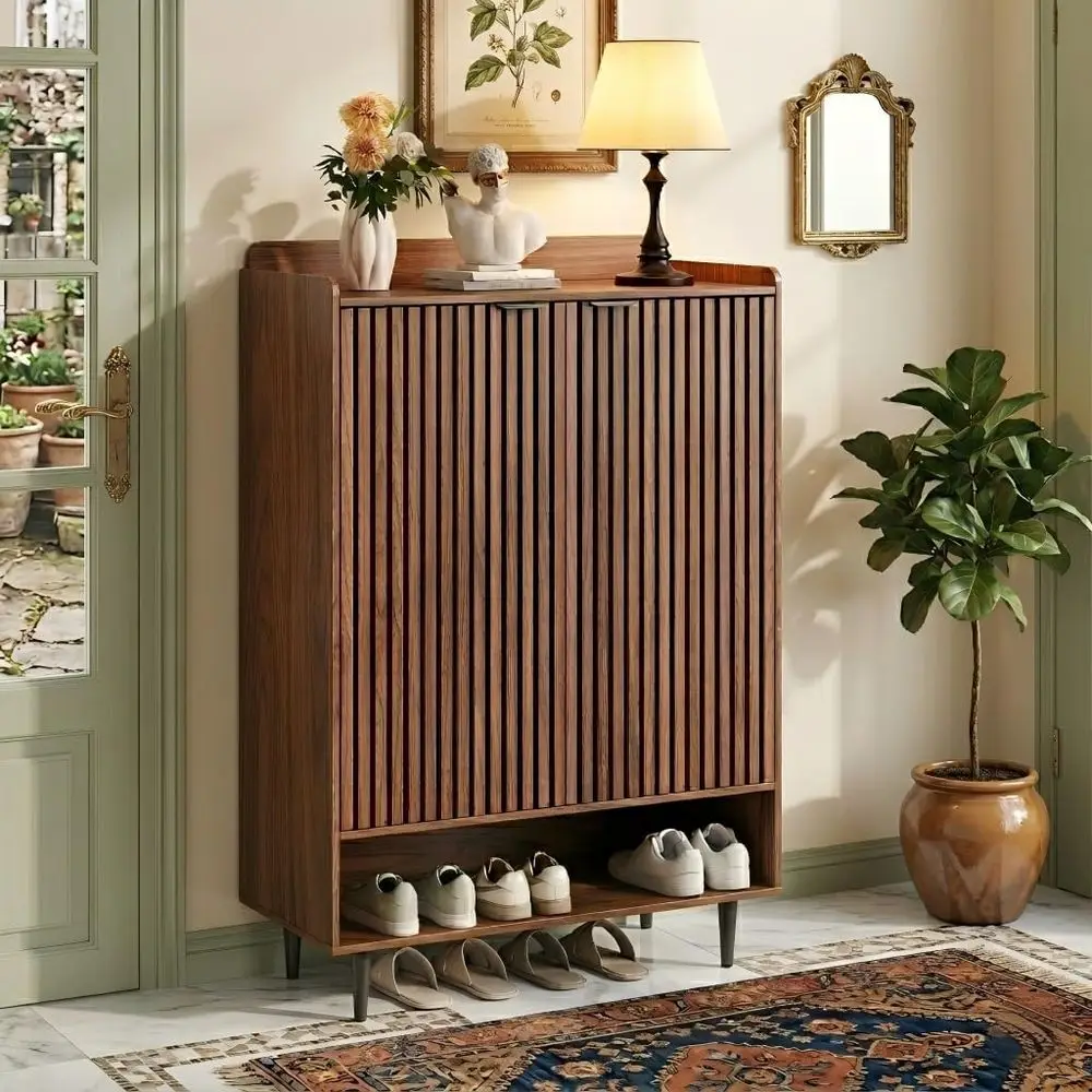 

Walnut 2-Door Shoe Cabinet, 21 Pair Storage with Adjustable Shelves for Entryway & Mudroom