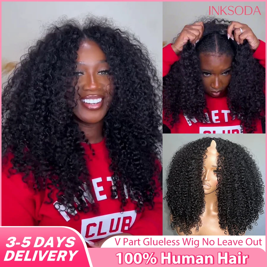 

Afro Curly V Part Wig Human Hair Wig For Women 30 Inch Kinky Curly 220% Density Glueless Deep Wave Natural Black Wear and Go Wig