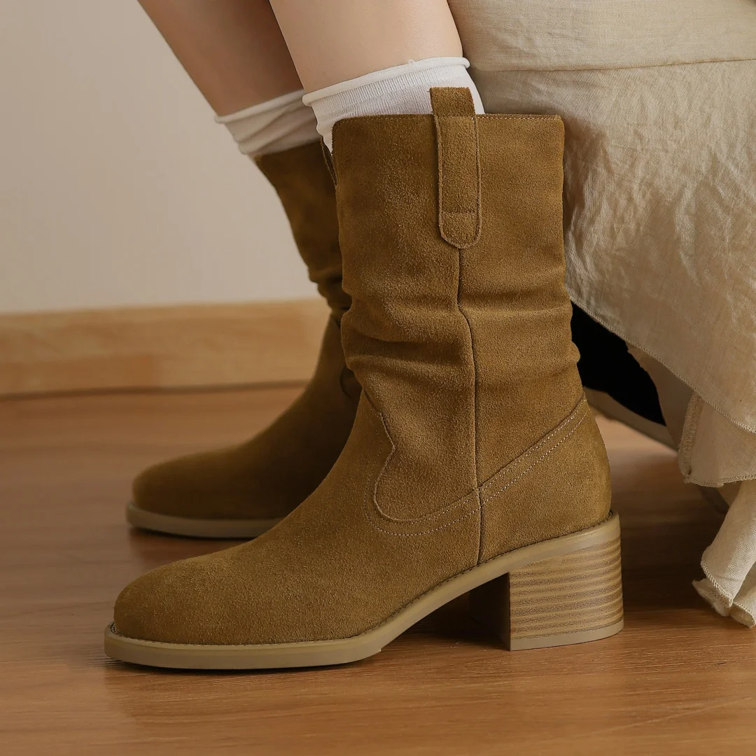 

Women's genuine leather pleated round toe slip-on autumn ankle boots 5.5cm thick med heel casual female short booties shoes sale