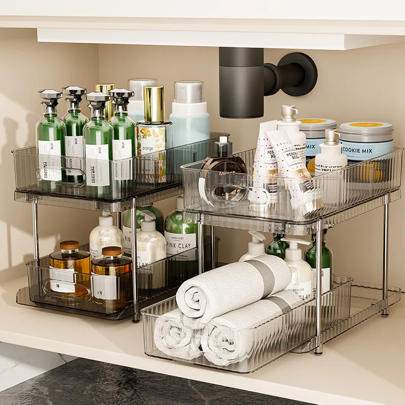 Double layer pull-out cosmetic storage transparent drawer style kitchen desktop storage shelf