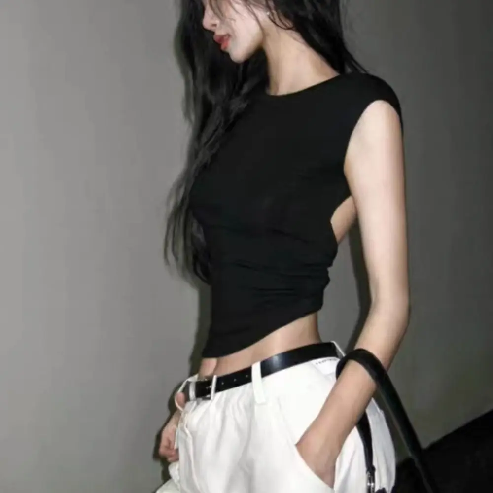 Einfache Chic Backless Schlank Crop Top O Neck Unterhemd Kurzarm Weste Sommer Kreuz Band Solide T Shirts Sommer