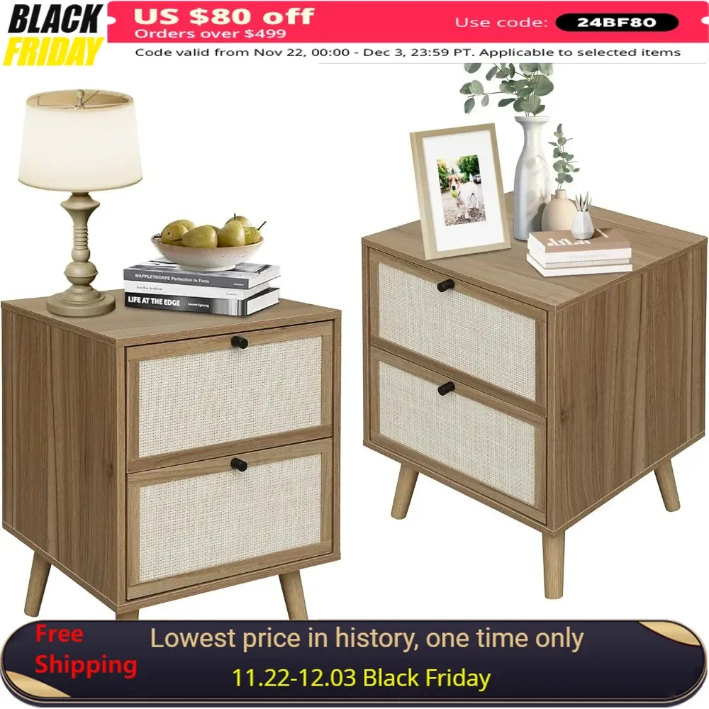 Solid Wood End Table,Rattan Nightstand Set of 2, Side Table for Bedroom Living Room Walnut End Tables in The,Storage End Tables