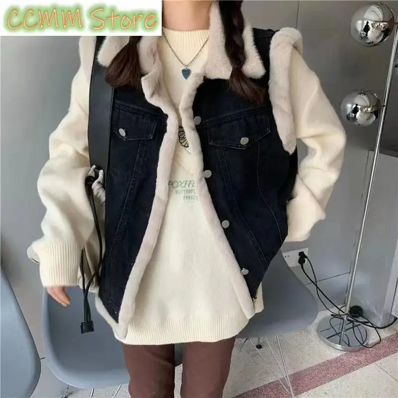 New Temperament Ladies Vests Outerwear Spring Summer Imitation Lambhair Women Denim Vest Overcoat
