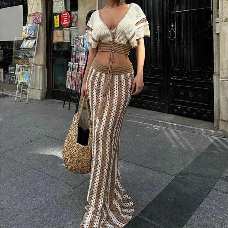

Summer 2025 Women's Sexy V-Neck Cutout Stripe Knit Tassel Tie Two-Piece Boho Maxi Dress Sets Vintage Dress Set