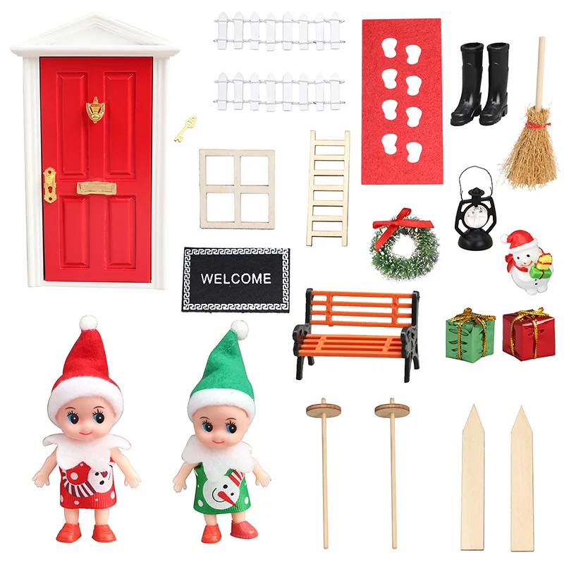 

Миниатюрный кукольный домик, украшения, Рождественский костюм, набор саней эльфа, снеговик, метла, рождественские елки, кукольный домик, аксессуары ручной работы