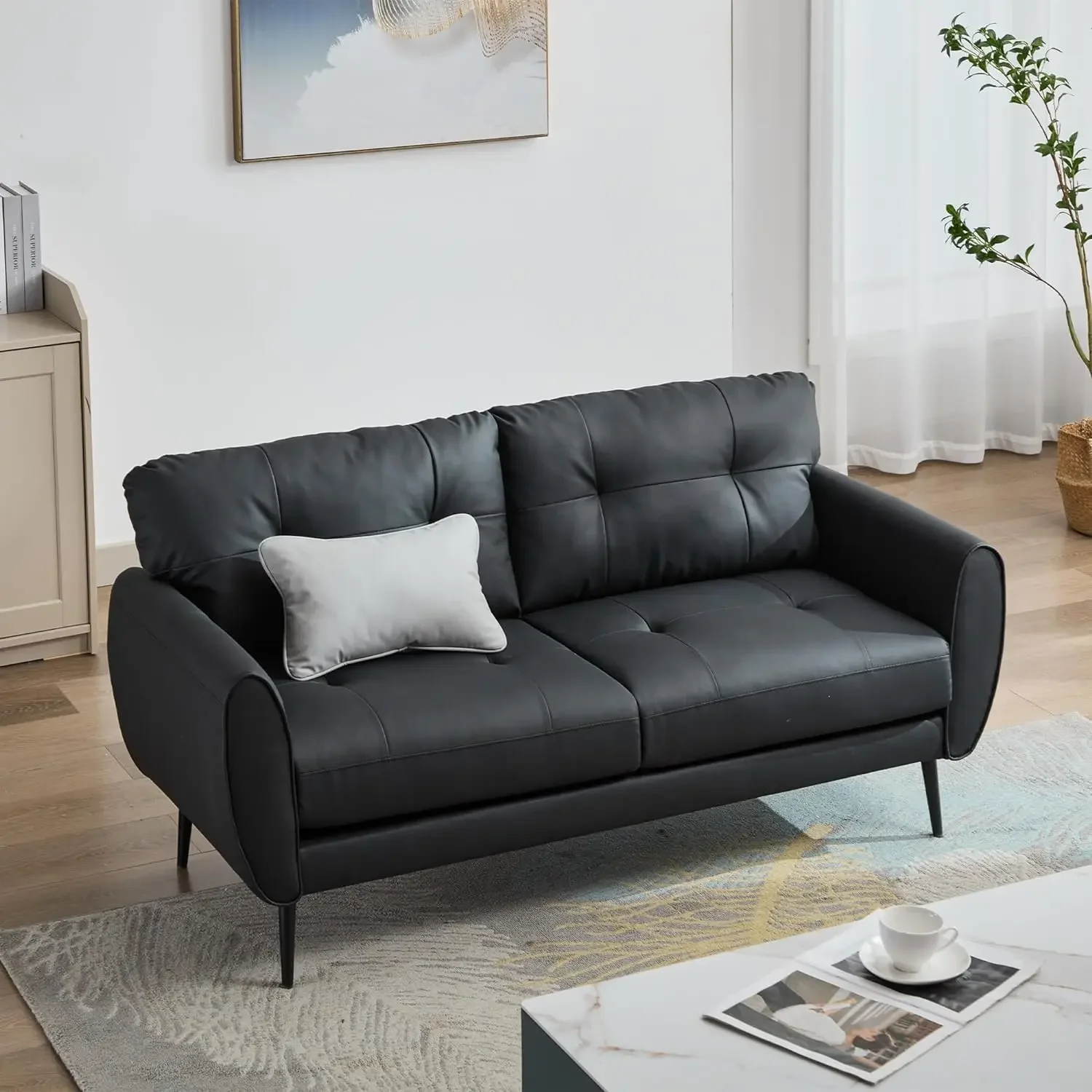 [Frete grátis! ]Sofá sofá 61 "pequeno loveseat sofás para sala de estar, sofá de couro sintético preto meados do século moderno tufado mini s