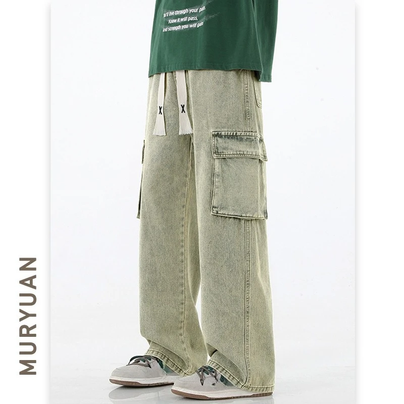 Vintage 2025 New Fashion Men's Multi Pockets Casual Trendy Solid Color Drawstring Denim Trousers Male Streetwear Jeans Pants