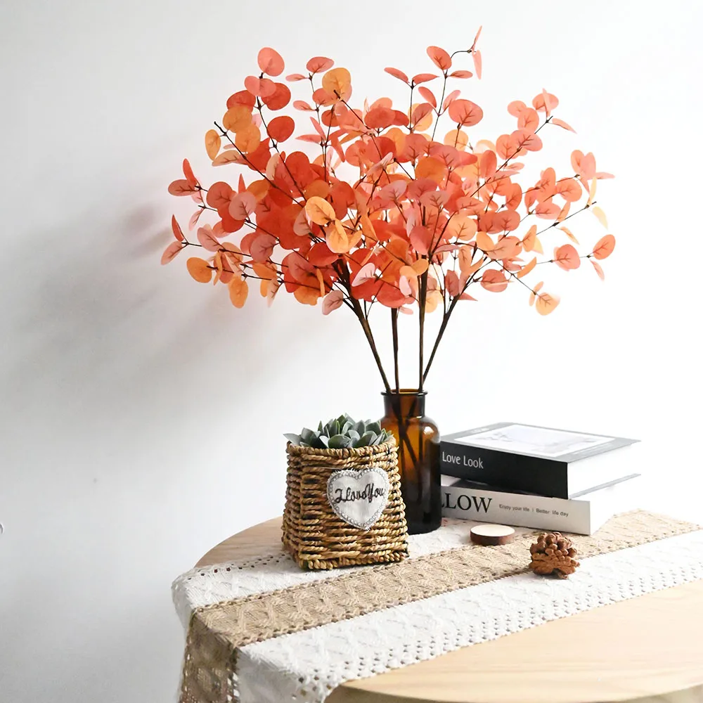 

Autumn Orange Eucalyptus Leaves Artificial Plant Bouquet Home Room Decoration Garden Wedding Decoration Outdoor Plants (6pcs)