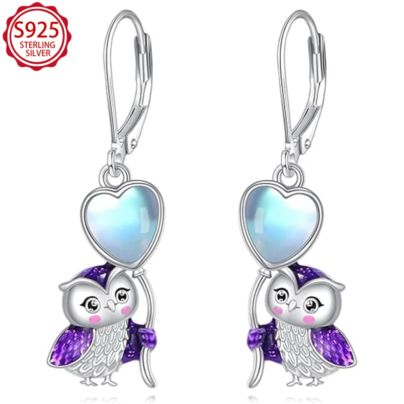 

S925 Sterling Silver Cute Owl Heart Drop Earrings, Purple Enamel Opal Stone Dangle Earrings Birthday Gift for Women