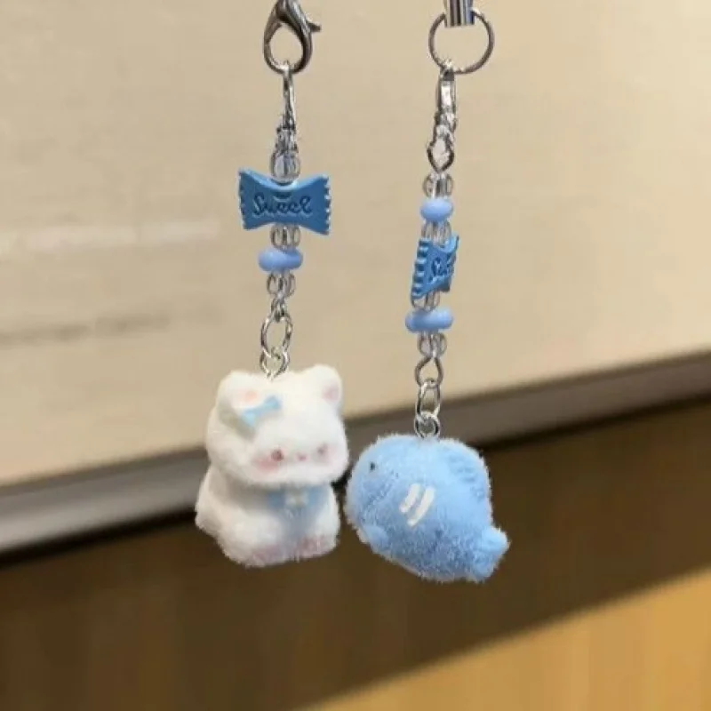 2026New candy-colored cat and fish cute girl flocked 3D designccdHandmade bag with lanyard for couples and best friends
