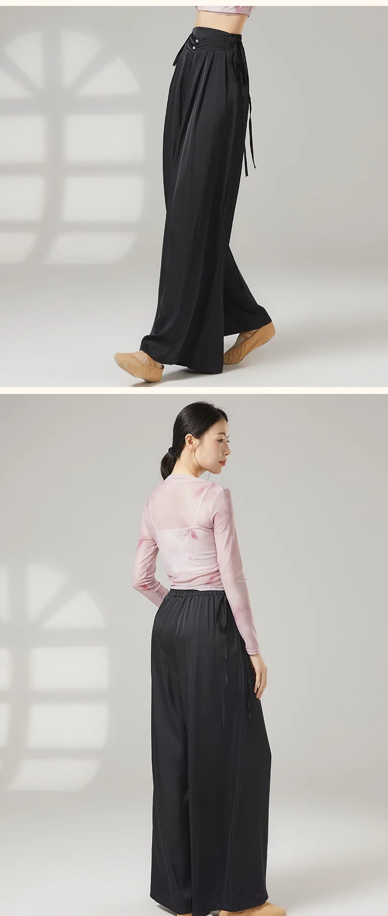 Klassische Tanzhose für Damen, weites Bein, lange Satinhose, Seitenbänder, modernes Tanz-Performance-Kostüm, Ballett-Trainingskleidung – Detail 2