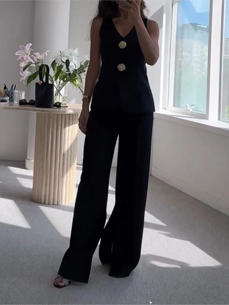 الصيف موضة قطعتين مجموعات المرأة أنيقة تانك الصلبة الخامس الرقبة سترة دون أكمام عالية الخصر بنطال ذو قصة أرجل واسعة الدعاوى ملابس حريمي