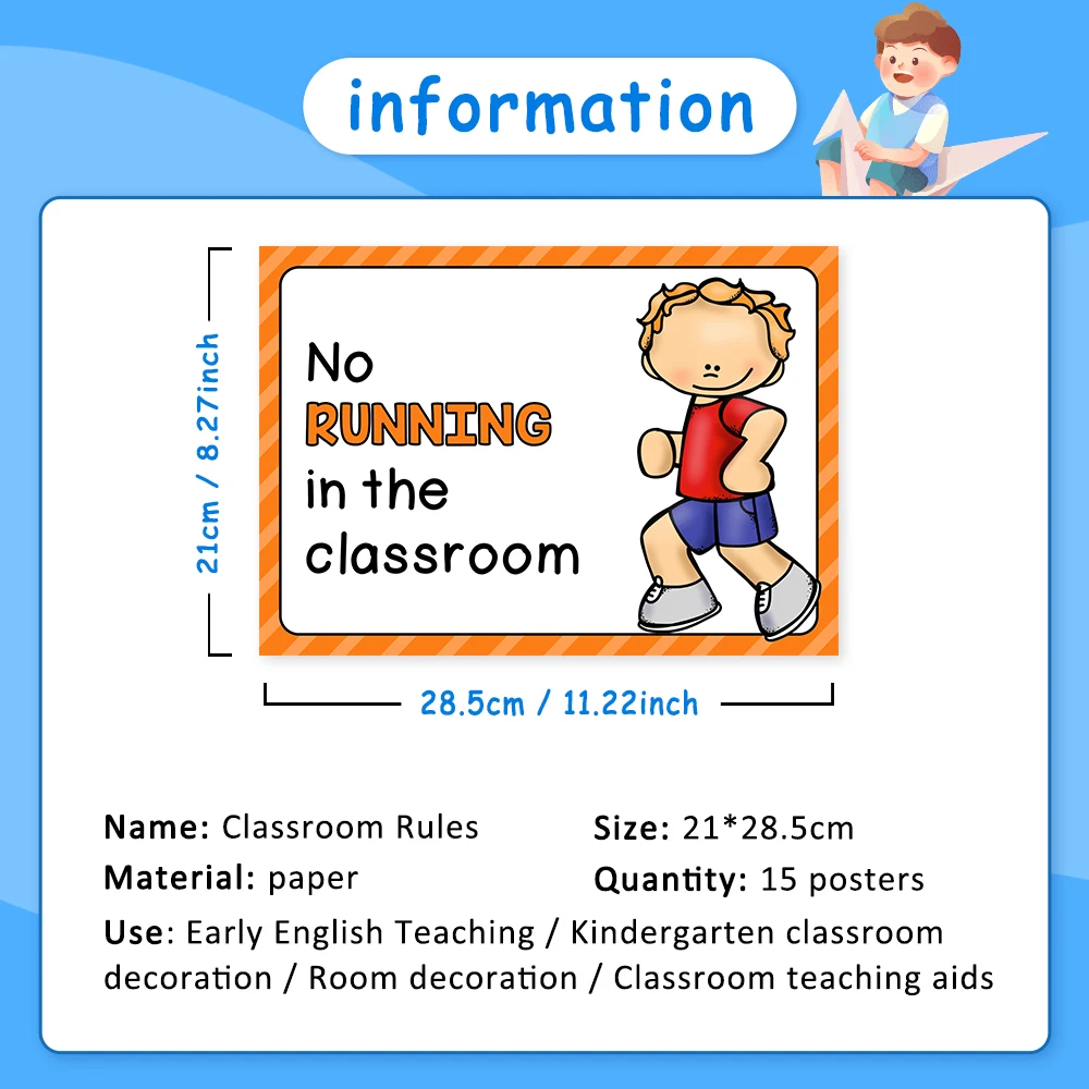 15Pcs Classroom Rules Educational Posters for Preschool Home Classroom Wall Decor Teacher Teaching Aids Montessori