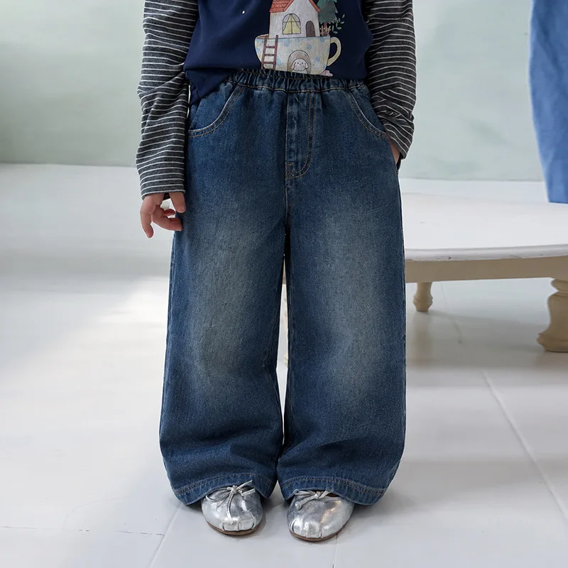Children's Clothing, Korean Retro Washed Jeans, Children's Elastic Waist Straight Leg Comfortable Casual Pants