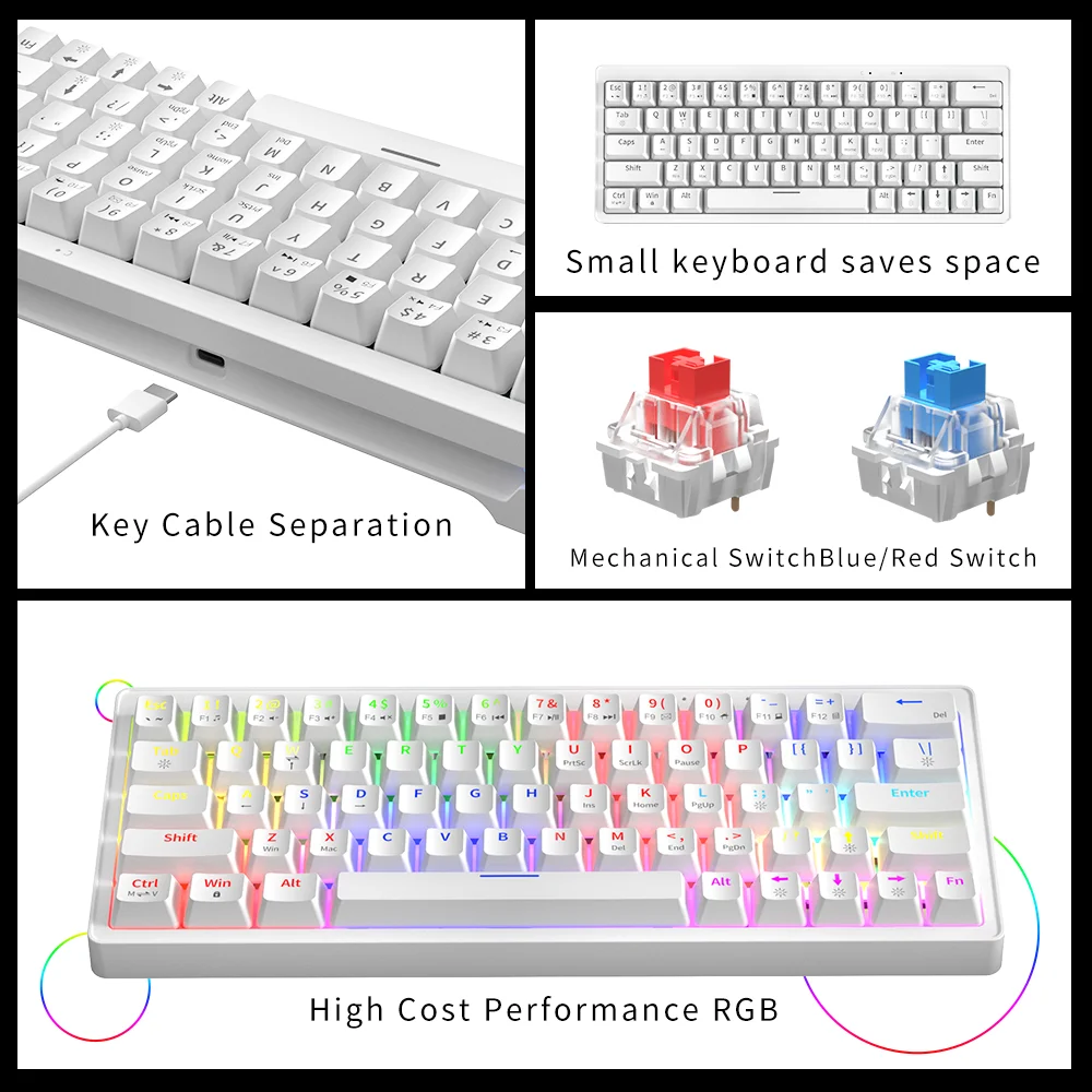 Imagem -04 - Teclas Mini Teclado Mecânico Hot Swappable Vermelho Interruptor Azul Tipo-c com Fio Rgb Backlit para Computador Jogos Furycube-za63 63