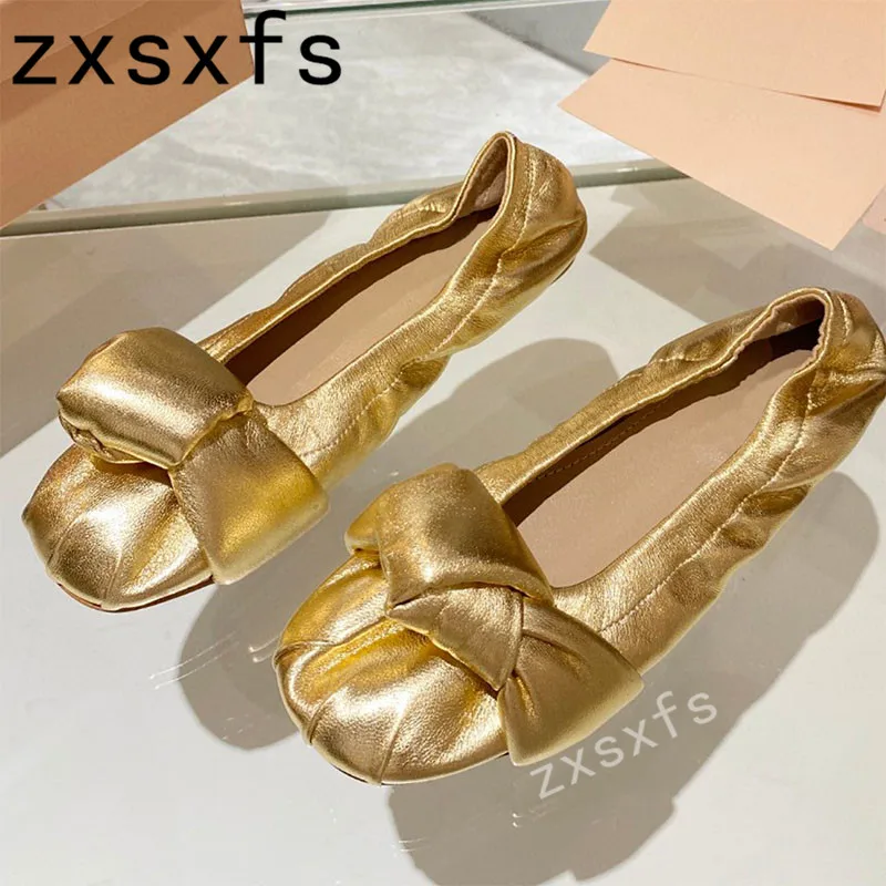 

2022 New Genuine Leather Flats Shoes Women Slio On Round Toe Mules Brand Designer High Quality Casual Party Dress Shoes