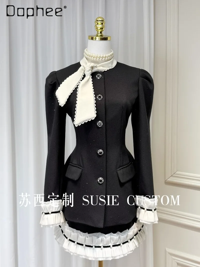 

French High-End Socialite Evening Dress Black and White Contrast Color Lace-Up Full Rhinestone Beaded Puff Sleeve Top Skirt