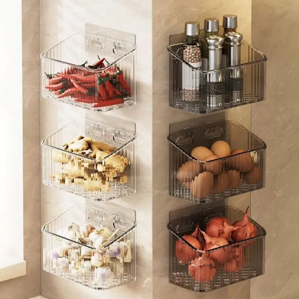 Plastic Onion Storage Basket No-drill Transparent Ginger Garlic Storage Baskets Wall-mounted Save Space Kitchen Storage Rack