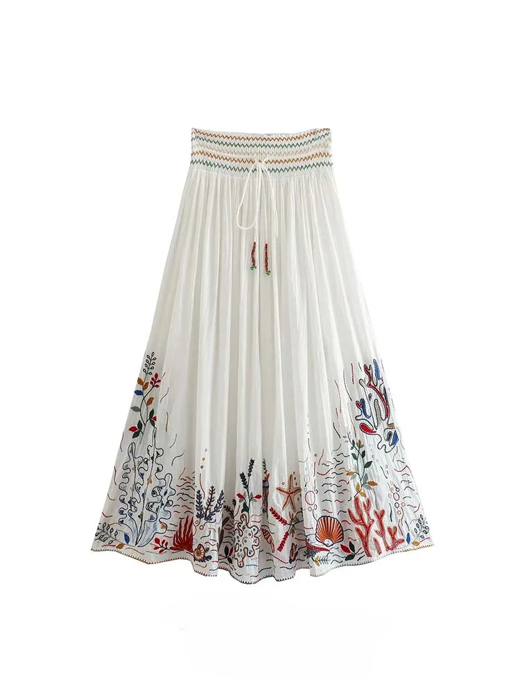 Women Fashion New 2Pcs Casual Cotton Embroidered Loose Top+Cotton Embroidered Midi Skirt 2023 Sexy Tops Two Piece Set Dress