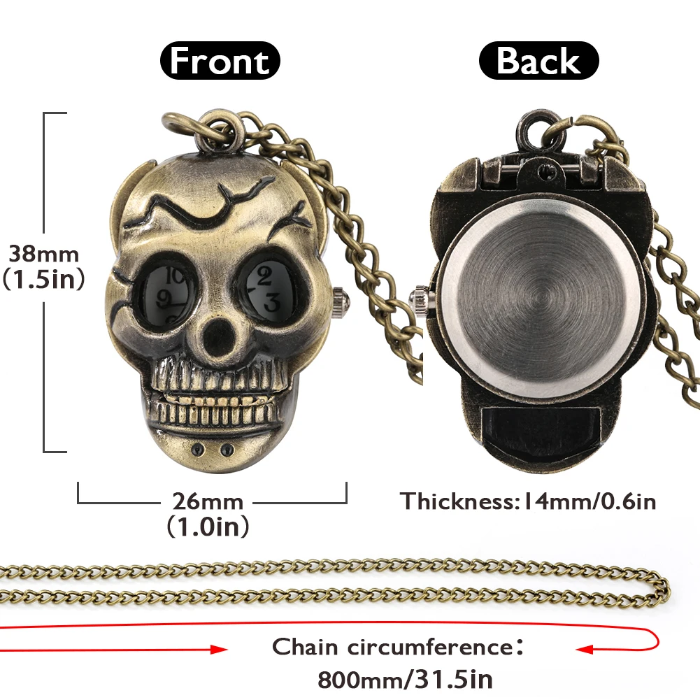 Punk Bronze Skull Head Shaped Quartz Analog Necklace Watch Mini Size  Men Women Cool Vintage Cosplay Pendant Pocket Clock