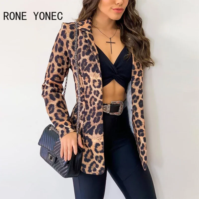 Women Chic Casual Elegant Leopard Notched Collar Detail Double Blazer Women Top