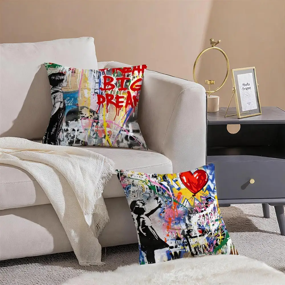 B-Banksy Street G-Graffiti Art Cushion Cover Linen Pillowcase Cover Soft Decor for Sofa Home Room