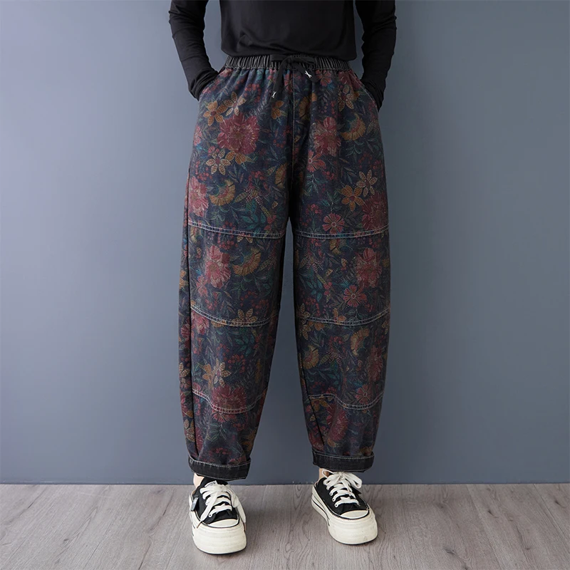 Vintage Printing Women's Denim Pants Good Quality Elastic Waist Loose Casual Harem Trouser Female Chic Streetwear Baggy Jeans