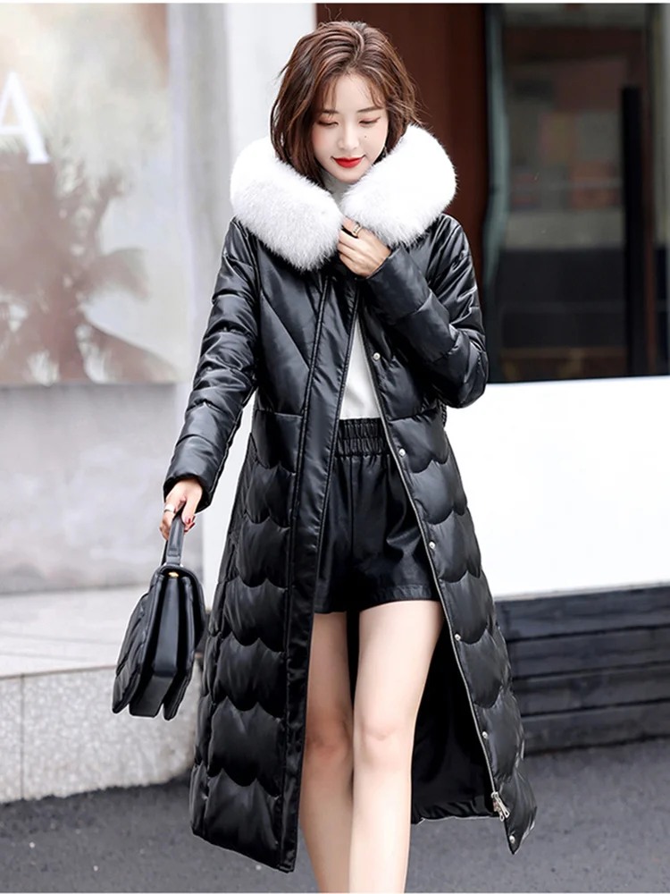 Down New Women Sheepskin Jacket Autumn Winter 2023 Elegant Fashion Real Fox Fur Collar Thick Warm Slim Long Leather Overcoat