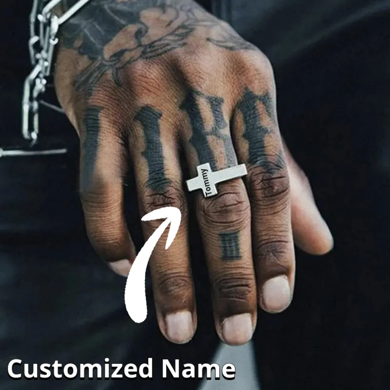 

Personalized Cross Ring Custom Engraved Name Ring Mens Cross Ring Hip Pop Jewelry Ring with Cross Gift for Him Father's Day Gift