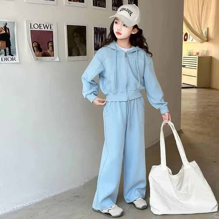 2026 autumn winter girls Clothes set Children Suit Teenager tracksuit jacket hooded crop top + wide leg pants 4 8 10 11 12 year