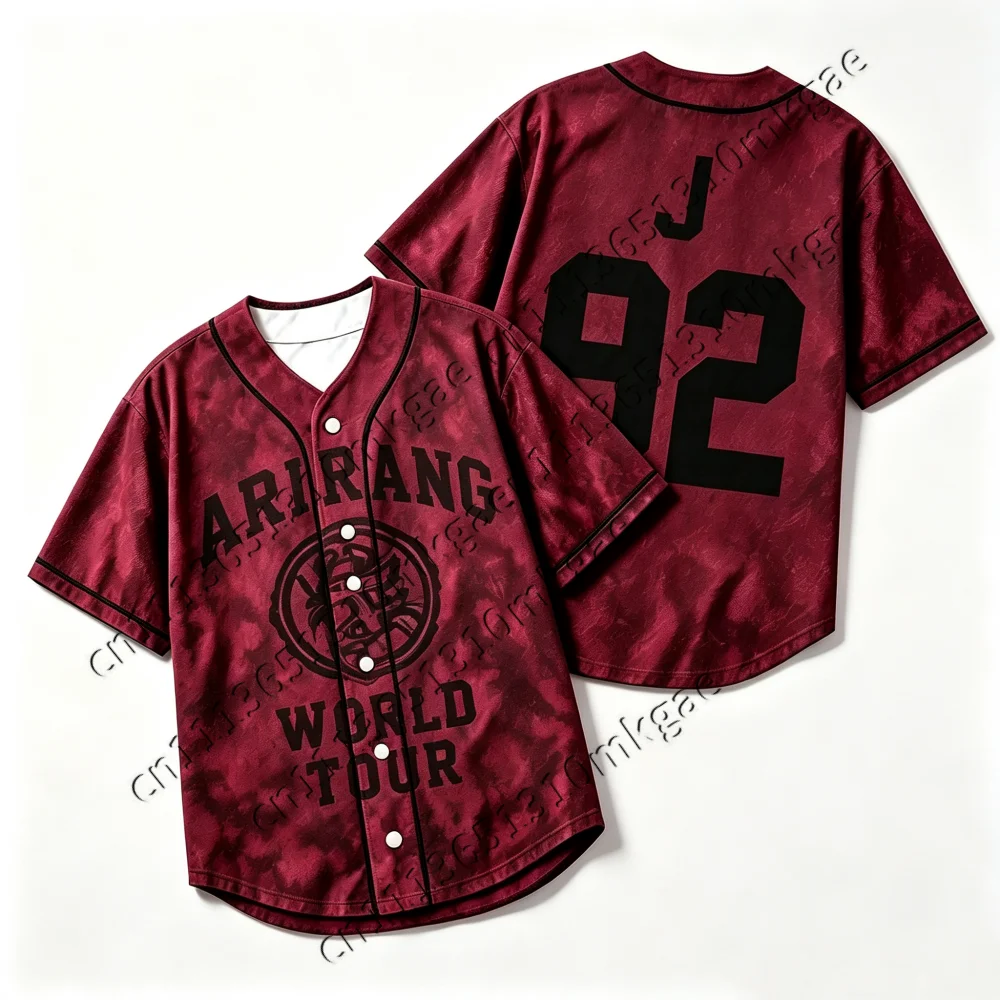 Kpop Arirang World Tour 95 Baseball-Trikot für Herren und Damen, Burgunderrot, Batik-Optik, Knopfleiste, Kurzarm, Locker Geschnitten, Konzert-Fanartikel, Kinder-Freizeitoberteil – Detail 8
