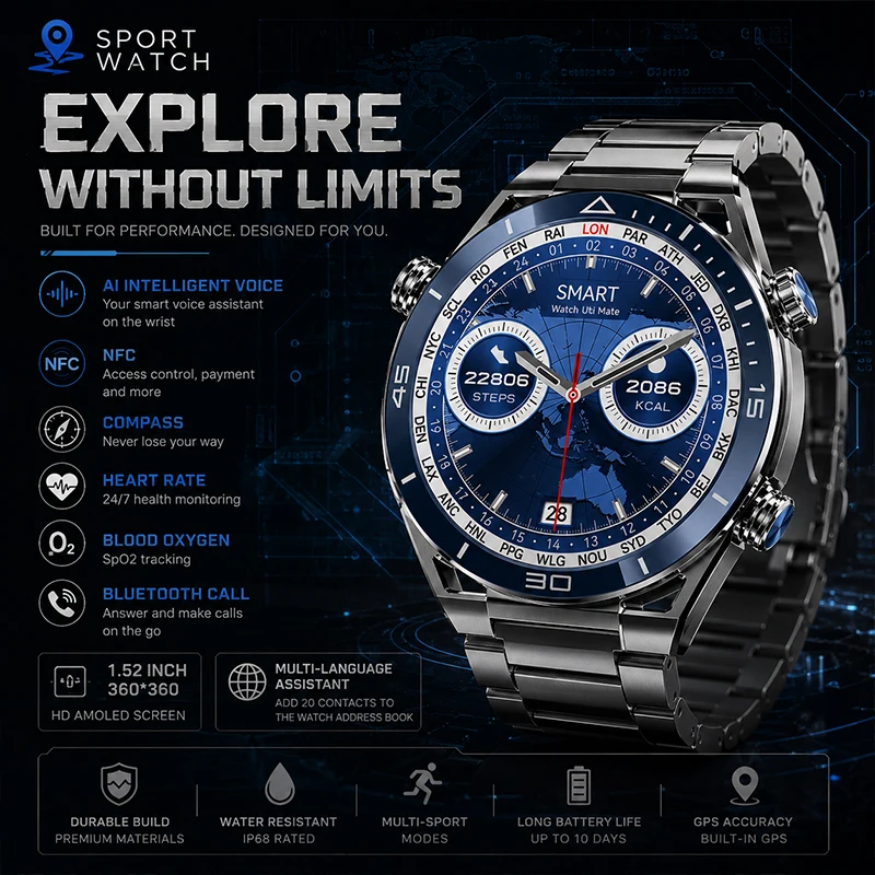 Men Smart Watch 1.52"Round HD Display Bluetooth Call IP68 Waterproof Heart Rate Sleep Fitness Tracker Smartwatch For Android iOS