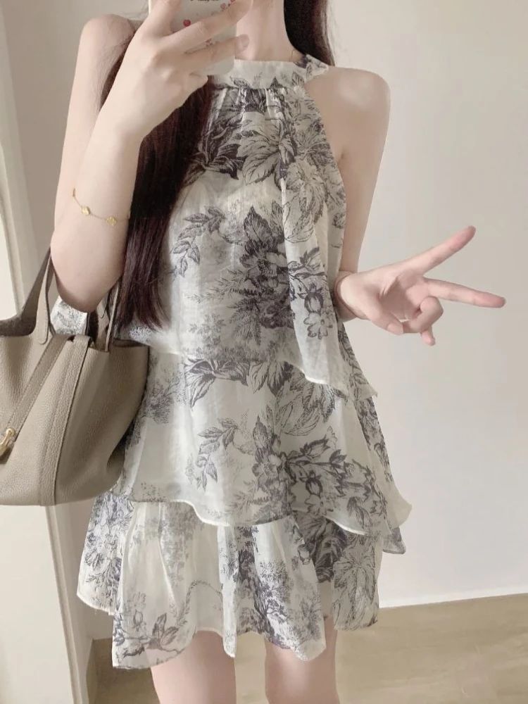Halter Sleeveless Top with Midi Skirt 2026 Summer Ink Wash Print Two Piece Ladylike Women Fashion Set