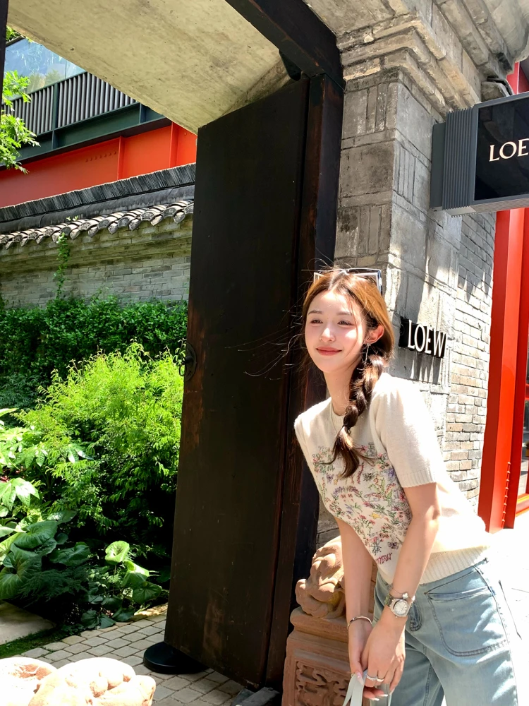 

Женская летняя вязаная футболка Cchen Mofa с круглым вырезом, вышивкой и сложной отделкой, из высококачественного хлопка