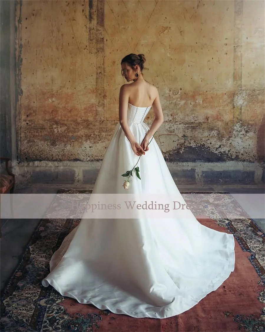 Customized New Sweethart Sleeveless Satin A-Line Wedding Dress Backless Lace Up Bride Dress Wedding Gown