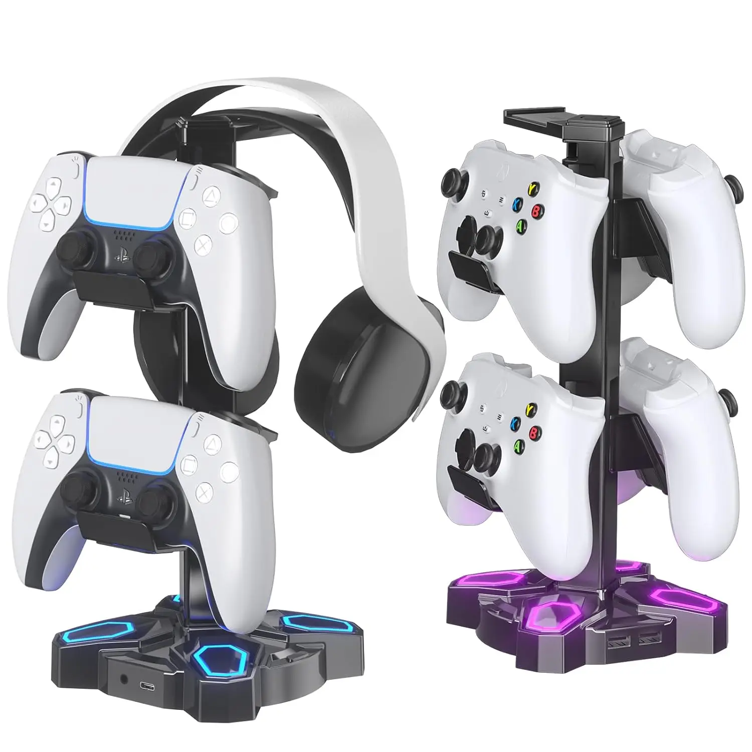 

Вращающаяся подставка для игровой гарнитуры со светодиодной подсветкой, USB-портами для зарядки и держателем для контроллера для настольных геймеров