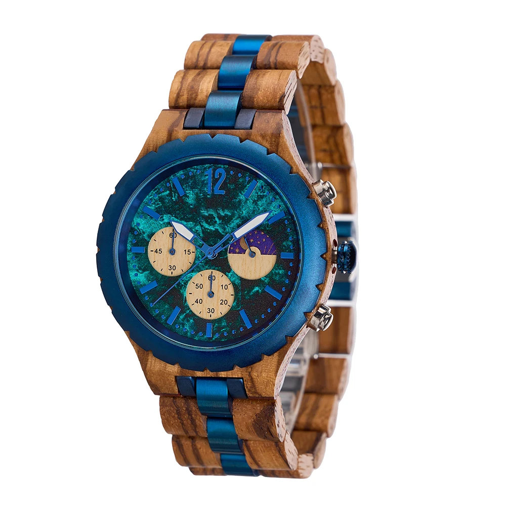 high-end-multifunction-steel-wood-composite-quartz-watch-with-marble-dial-round-fold-clasp-waterproof-luminous-wristwatch
