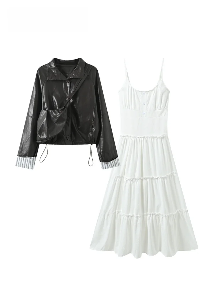 

Комплект: кожаная куртка больших размеров и женский базовый топ с длинным рукавом, весенний повседневный наряд, пальто из полиэфирного волокна